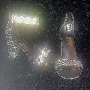 Open Toe Crystal Rhinestone Ankle Strap Chunky High Heel Dress Sandal